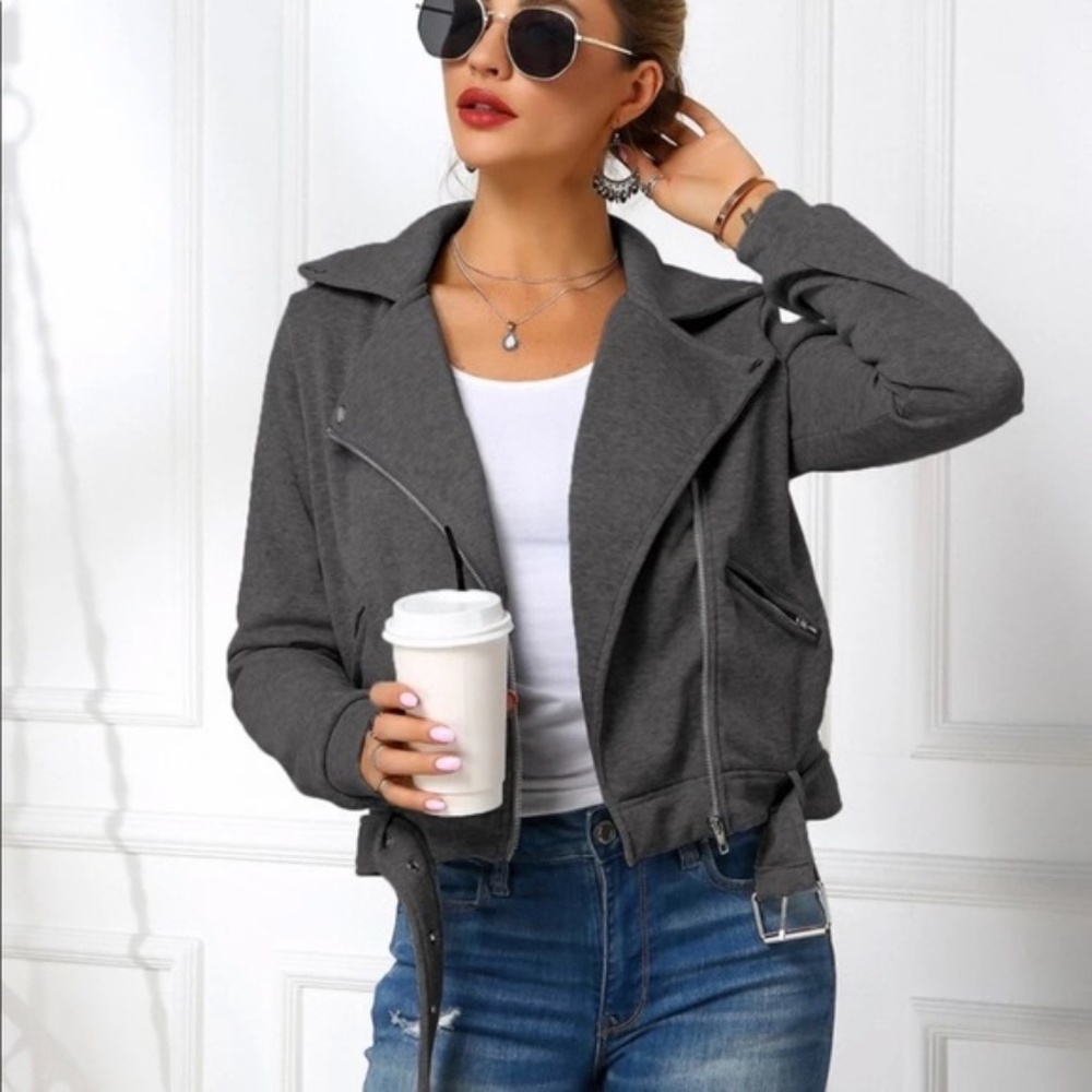 charcoal zipper pocket knit moto biker jacket coat - Picture 4 of 6